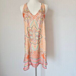 Lavender Brown $165 Silk Racer Sleeveless Mini Dress V-Neck Orange Paisley